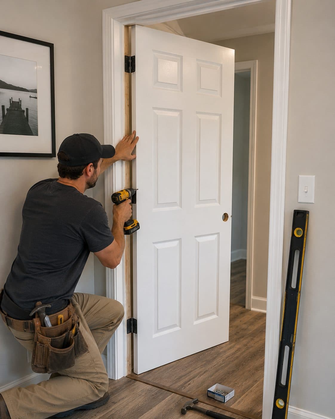 Handyman working at a residential doorway